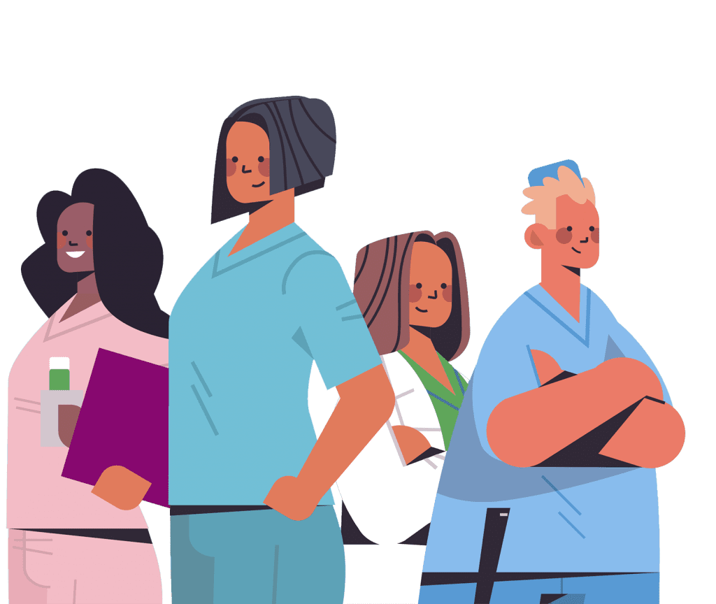 Stylized illustration of racially diverse female health workers